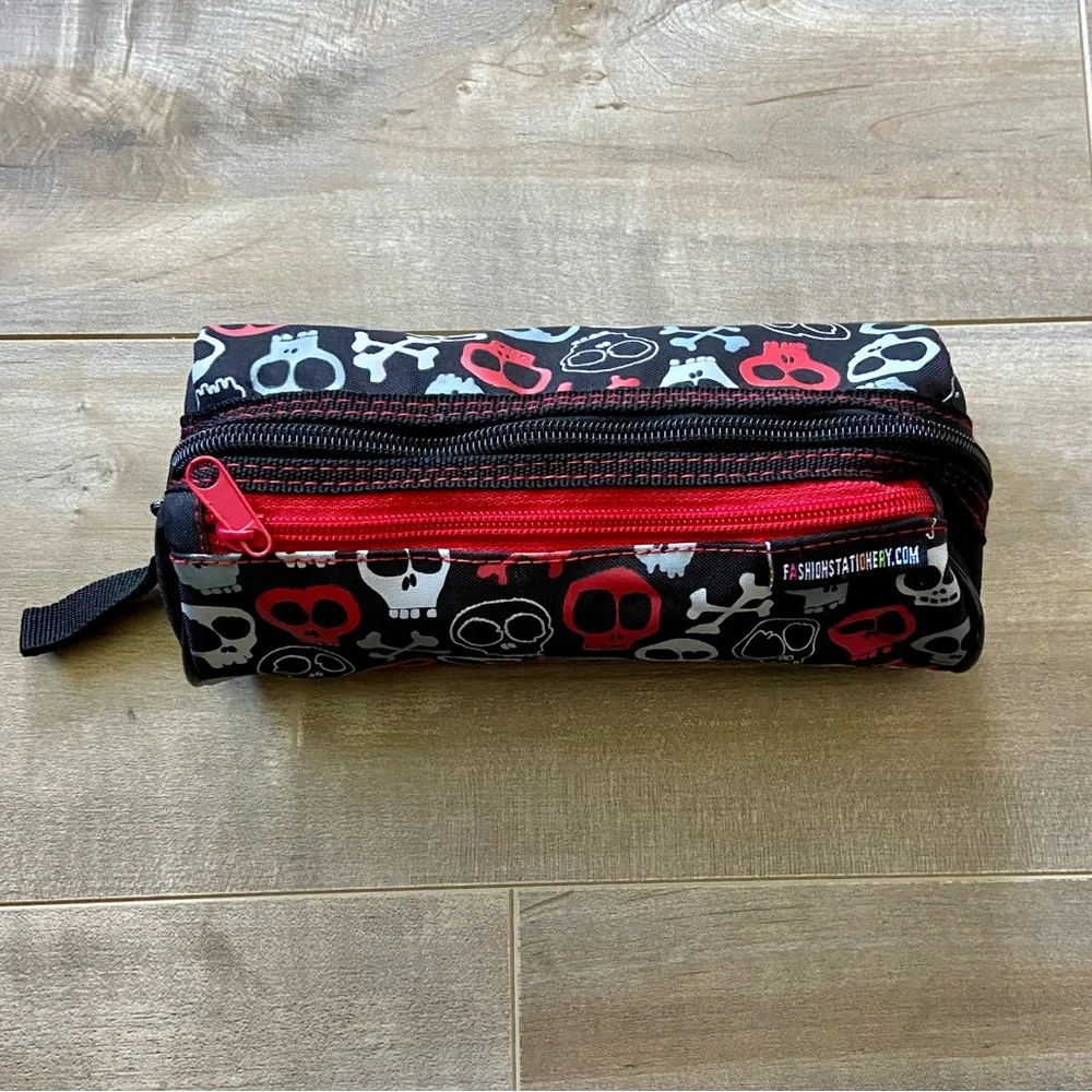 Fashion Stationary Black, Red and Gray Skull & Crossbones Double Zip Pencil Case